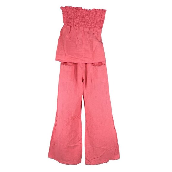 Oh My Gauze Women M Coral Smocked Strapless Top Wide Leg Pant Two Piece Set Boho - Picture 2 of 16